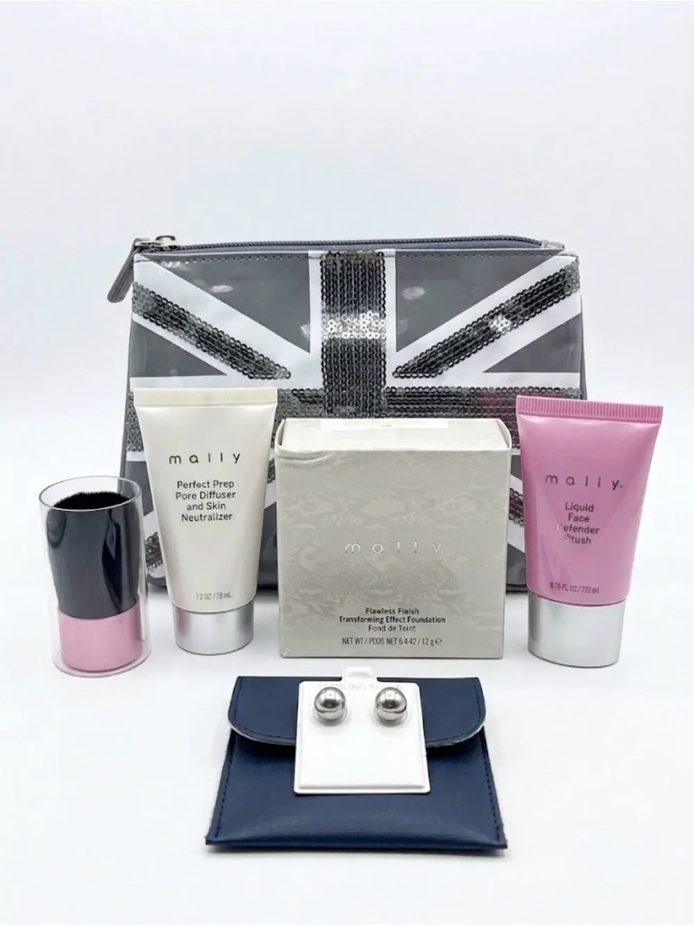 Mally Makeup Bundle with Cosmetic Pouch & Ball Post Sterling Silver Earrings